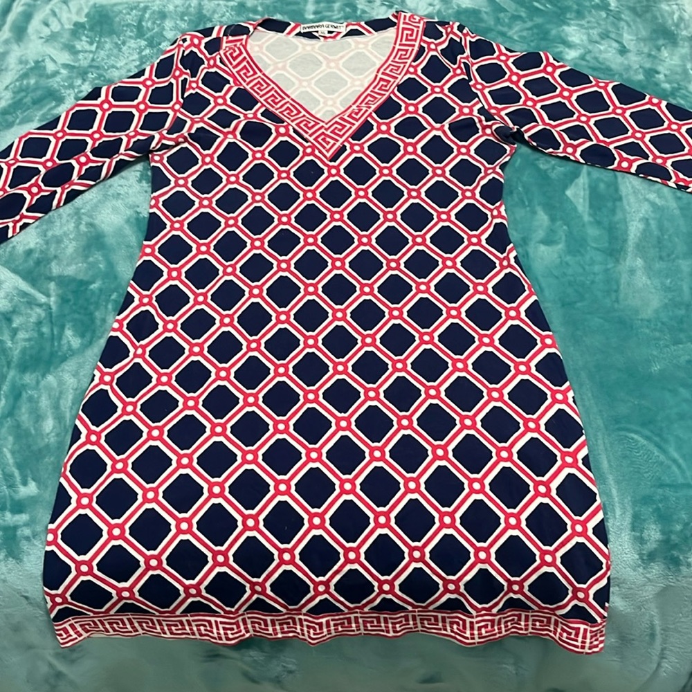 Barbara Gerwit Dark blue with red pattern long sleeve dress